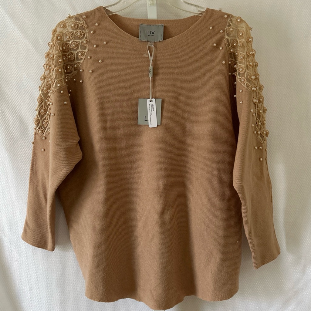 Liv Milano Woman’s Large Bisquit Pearl Lace Sleeve Design Pullover Stretch Top